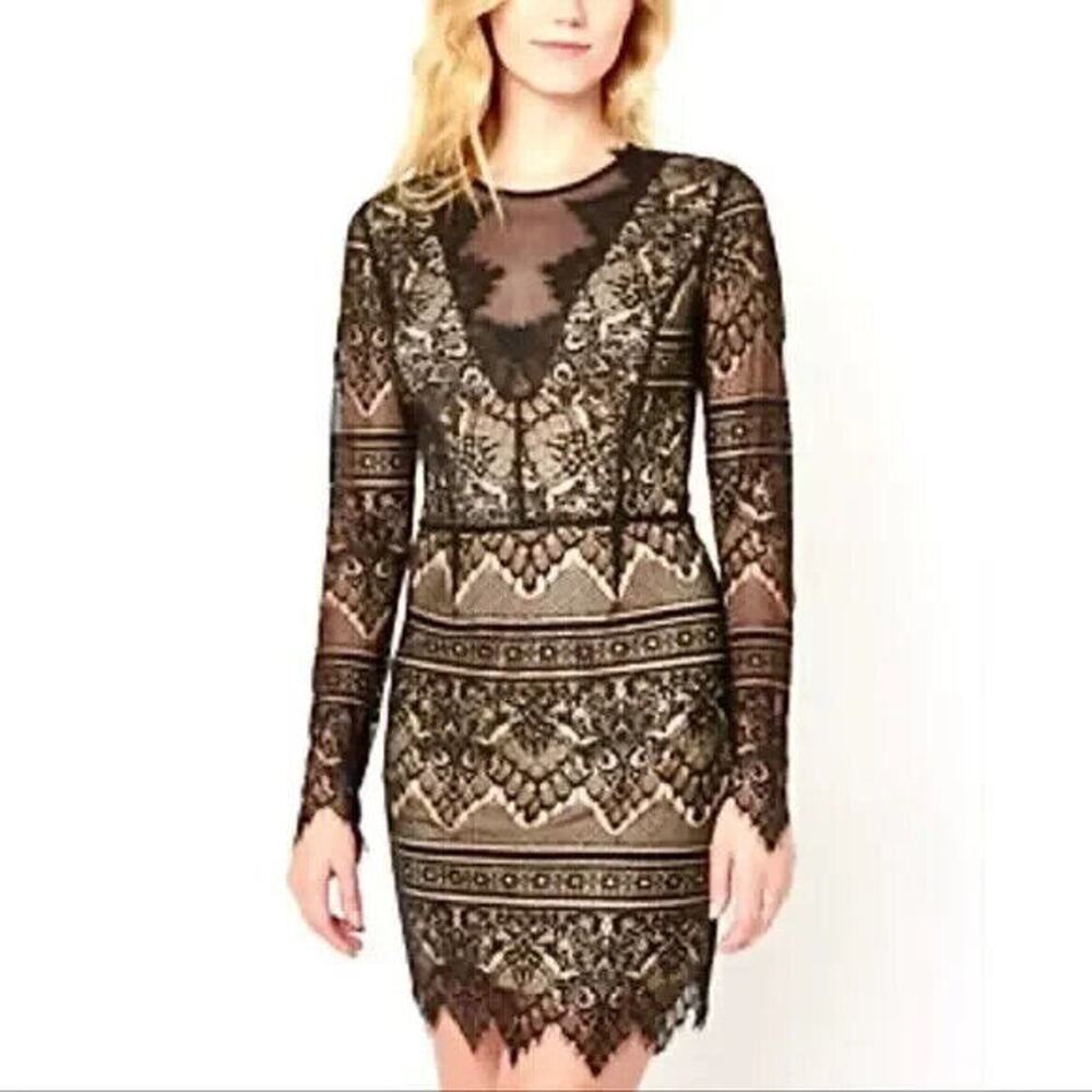 RYSE The Label Samson Nude Black Lace Dress Mesh Long Sleeve Bodycon Formal